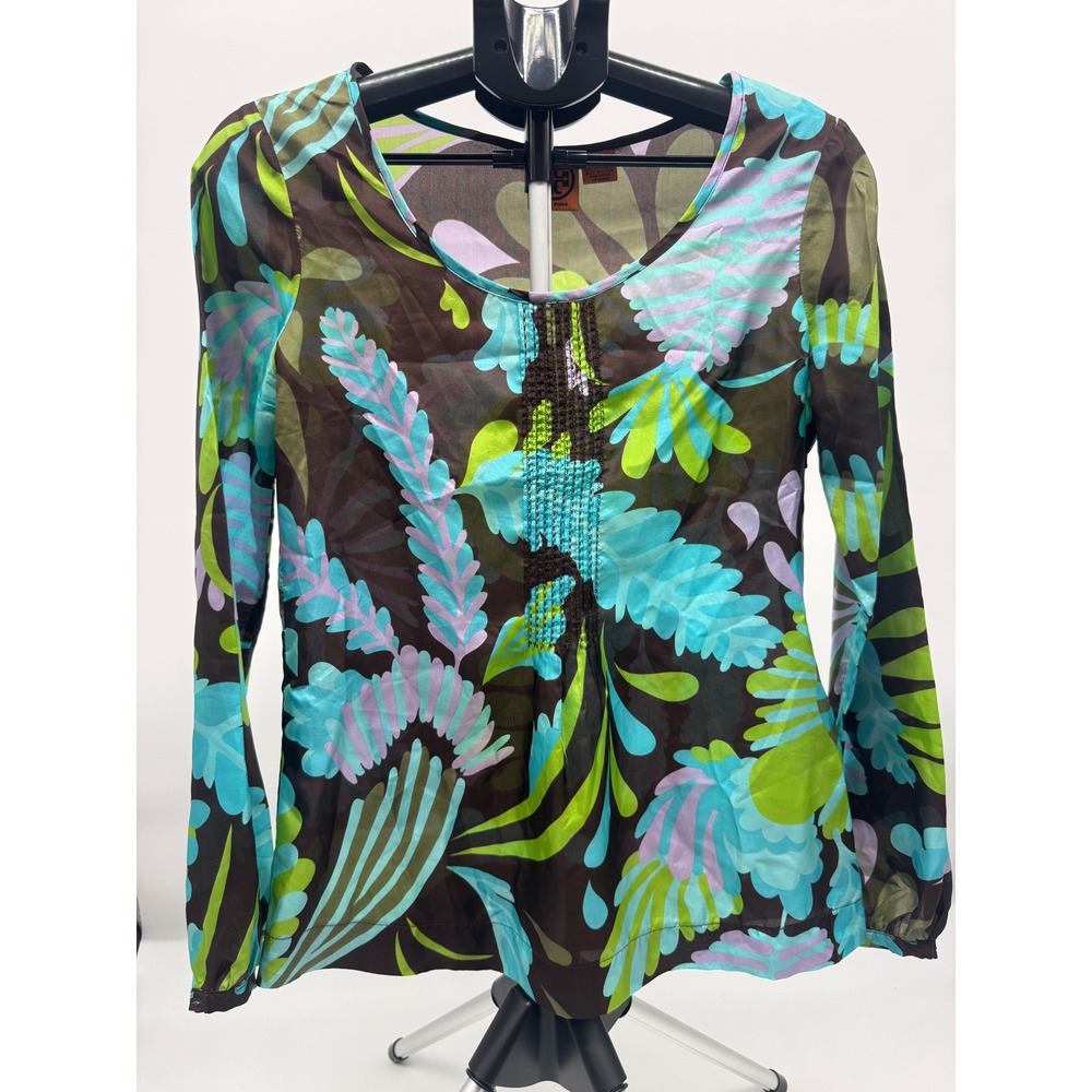 Tory Burch Silk Floral Print Blouse Brown Green Blue Long Sleeve Top Size 6‎